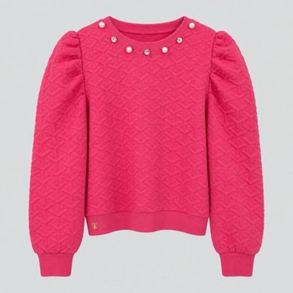 Simply Southern Pearls Rhinestones Top Pink XL Textured Puff Sleeve Crewneck